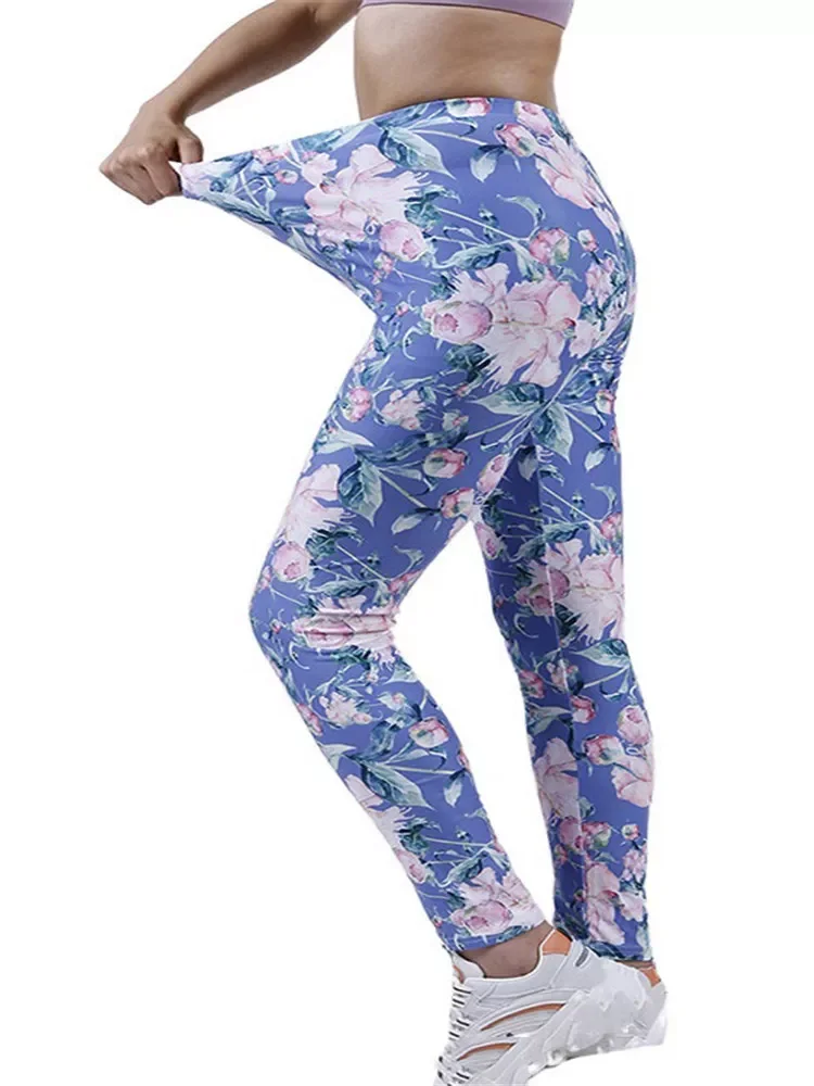 Sports Leggings Women Sexy Gym Fitness Pants Push Up Running High Waist Blue Graffiti Print Elastic New Knitted Bottom