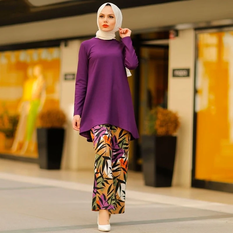 Muslim Suit Ramadan Two Piece Set For Women Top And Pants Matching Modest Turkey Dubai Arab Sets Hijab Double Islamic Clothing
