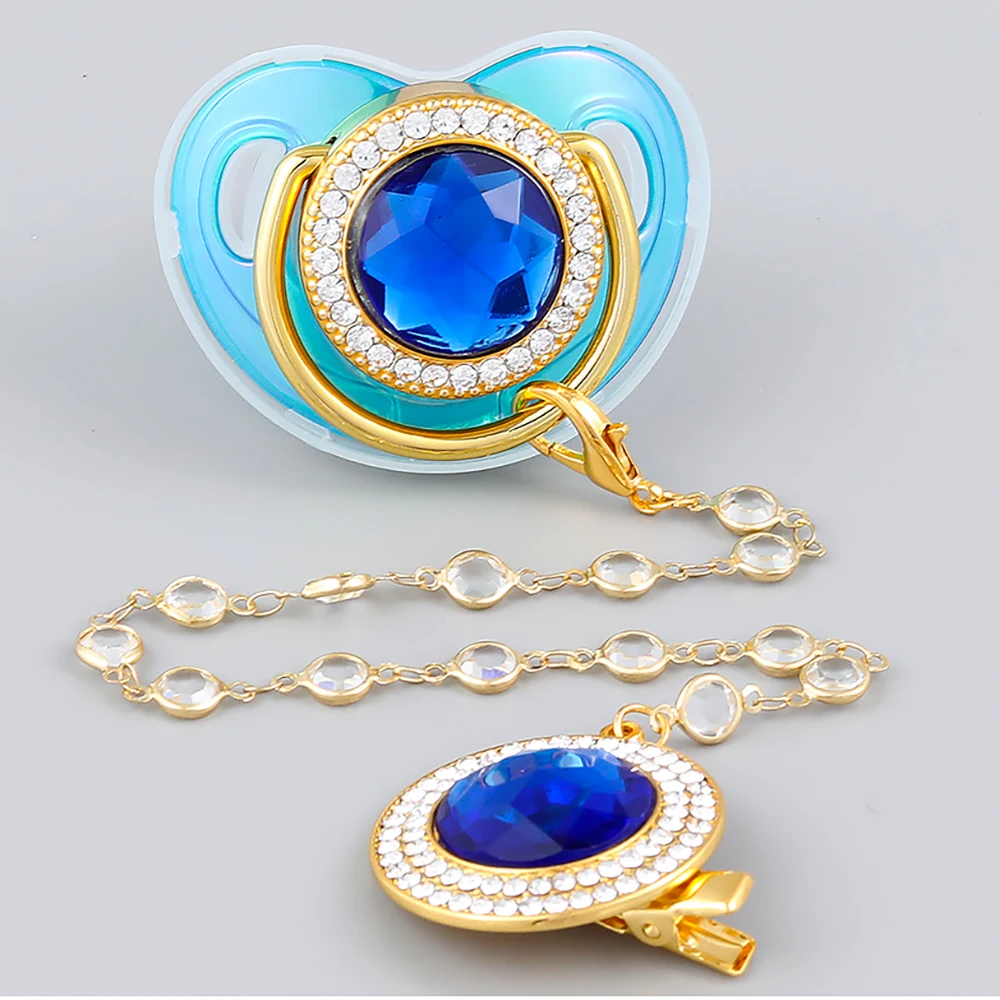 

Baby Pacifier Transparent Blue With Chain Clip Newborn Silicone Pacifier Gold Bling Infant Nipple BPA Free Baby Chupetero