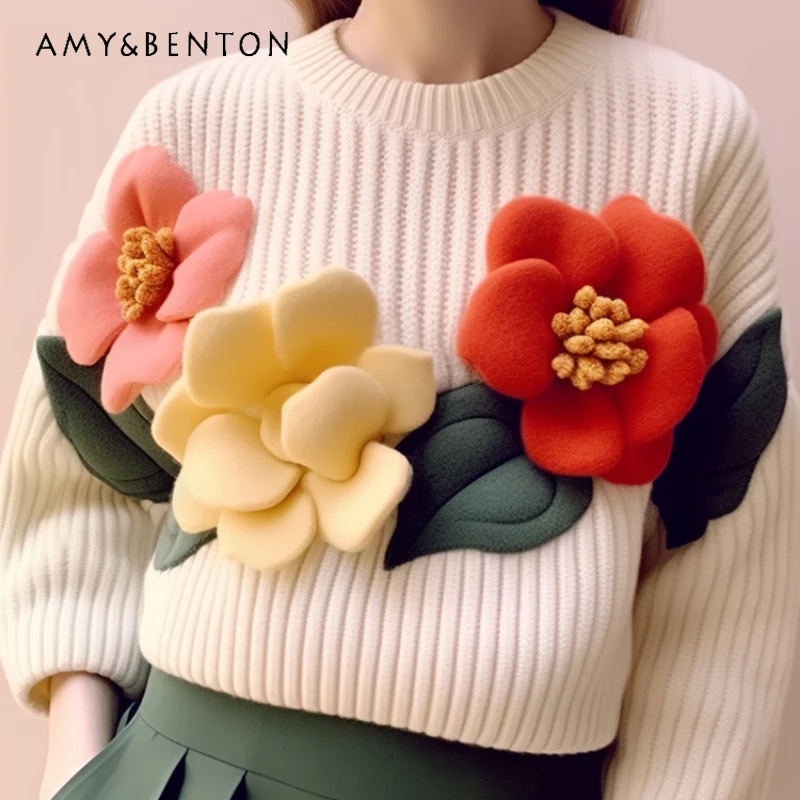 

New Chinese Thick Warm Apricot Hook Flower Knitted Sweater Oversize 2023 New Popular Cool Sweet Top Female Oversized Knitwear