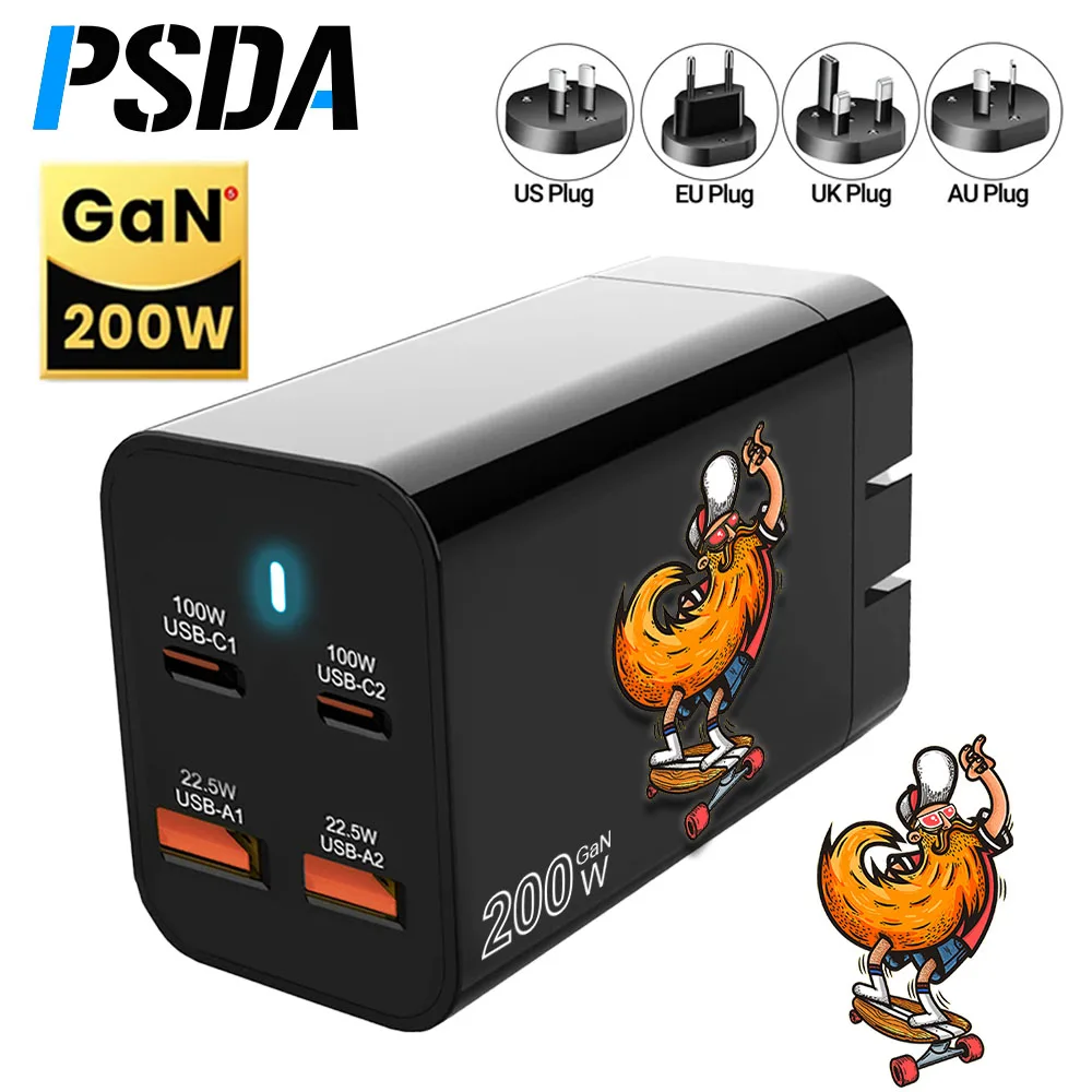 

PSDA 3D 4IN1 GaN 200W USB C Wall Charger PD 100W 65W PPS45W QC5.0 Super Fast Charging Adapter for MacBook iPhone 15 Samsung S21