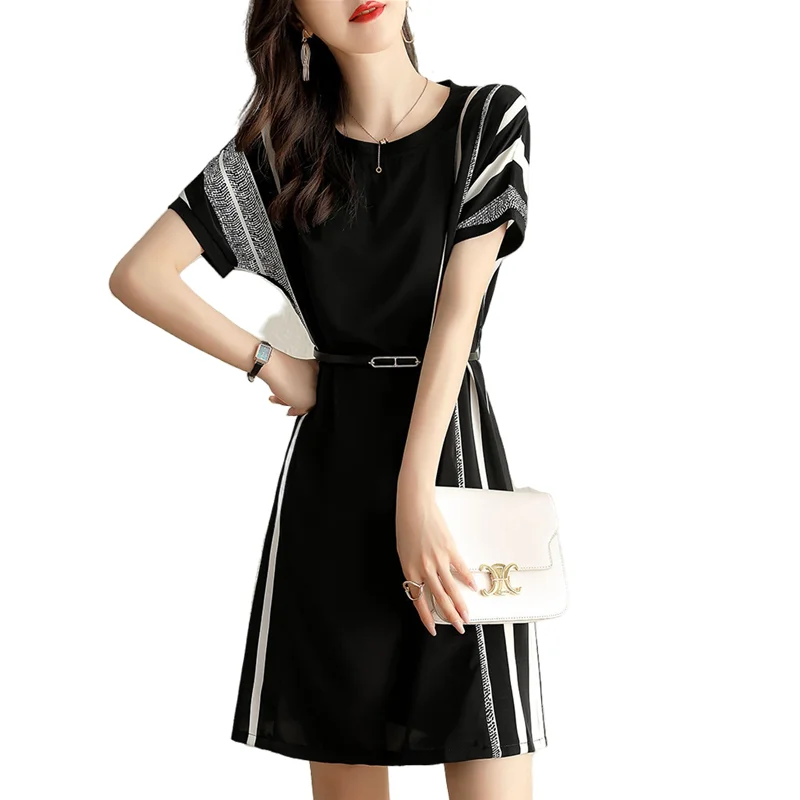 

2022 Elegant Summer Dress Women's Clothing Casual O-neck Stitching Tie Waist Short-sleeved Dress Women Vestidos d28