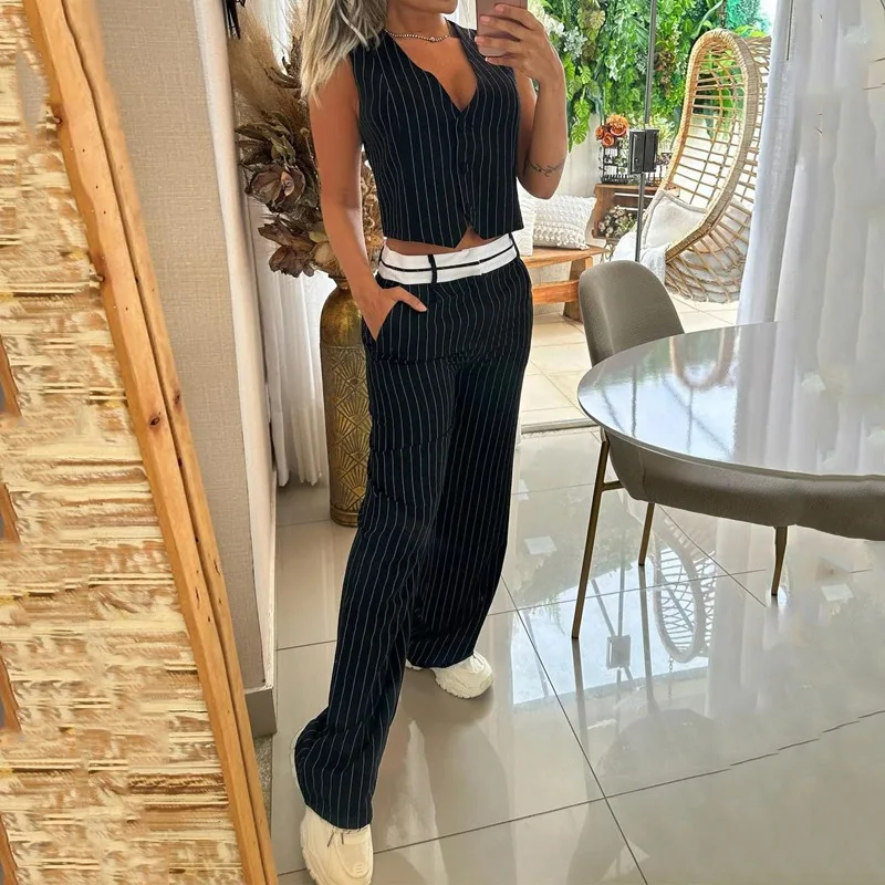 

Women's Pants Set Summer Fashion Commuter Suit Casual V-Neck Sleeveless Striped Vest Straight-Leg Trousers Sets Female