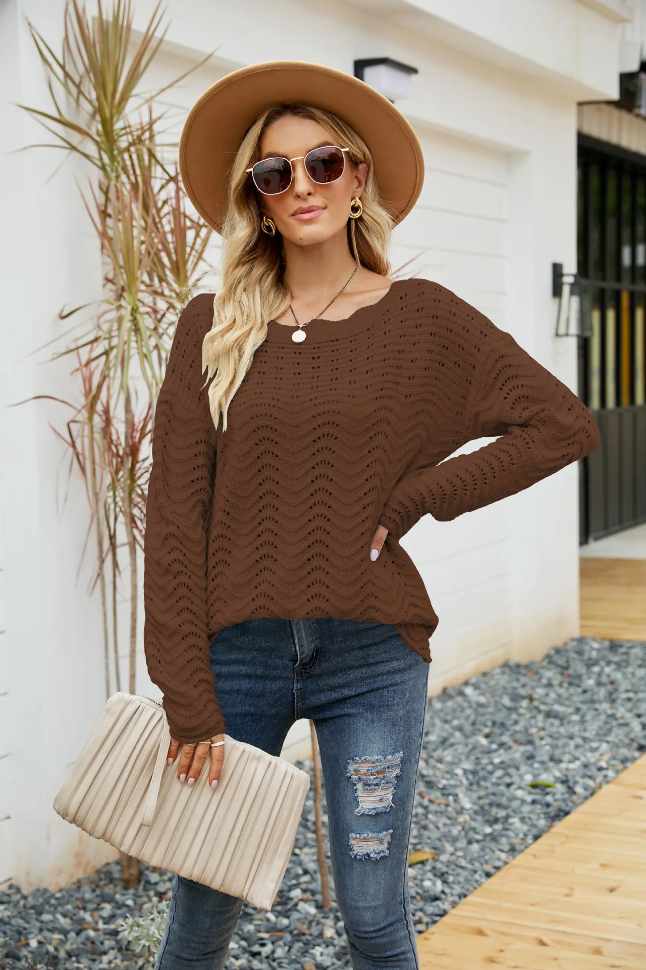 

2022 Autumn Women Sweaters Full Sleeve Solid Color Hollow Out Sexy Slash Neck Casual Loose Elegant Fashion Female Pullover C3951