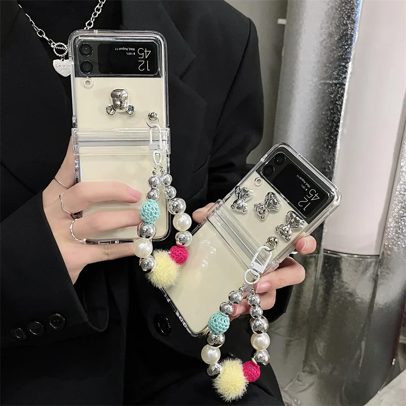 

Cute Plating Bear Ornaments Phone Case For Samsung Galaxy Z Flip 4 3 z flip3 flip4 5G Cover with Chain Clear Cartoon Hinge Cases