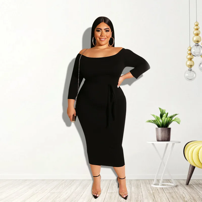 Plus Size Women's Clothing 2021 Summer New Solid Color One-Line Neck Waist Tie Ladies Dress XL-5XL Oversized