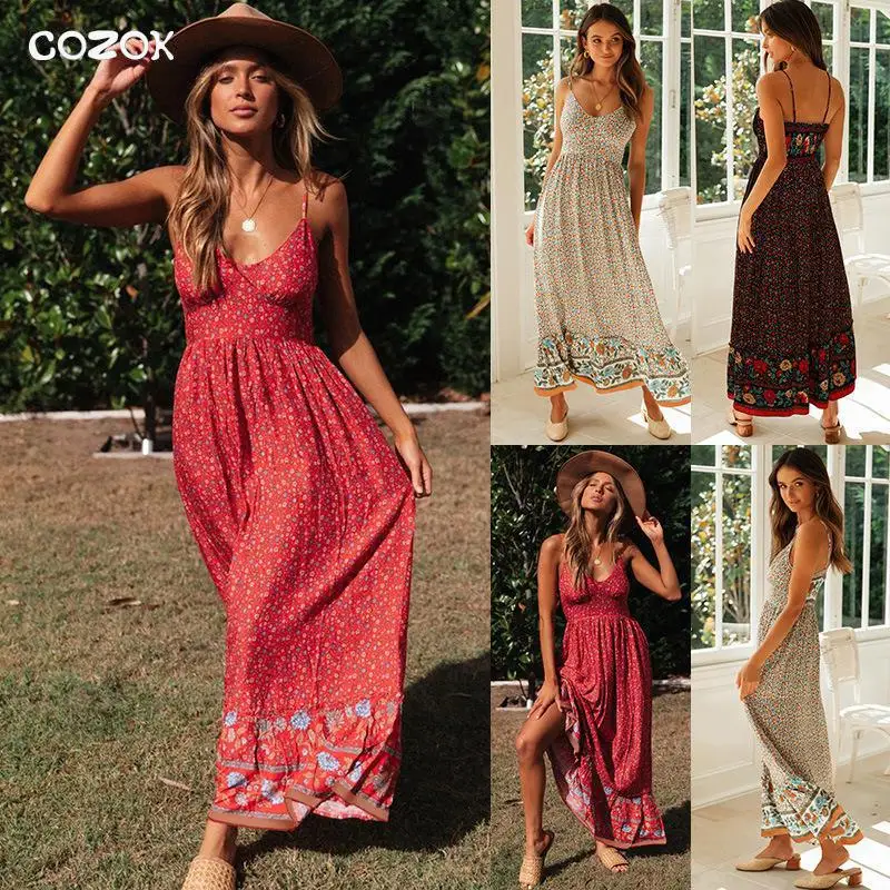 

COZOK Bohemian Print Flower Spaghetti Strap Lady Formal Party Dress Silk Pleated Dressing Gown Summer New Long Casual Dresses