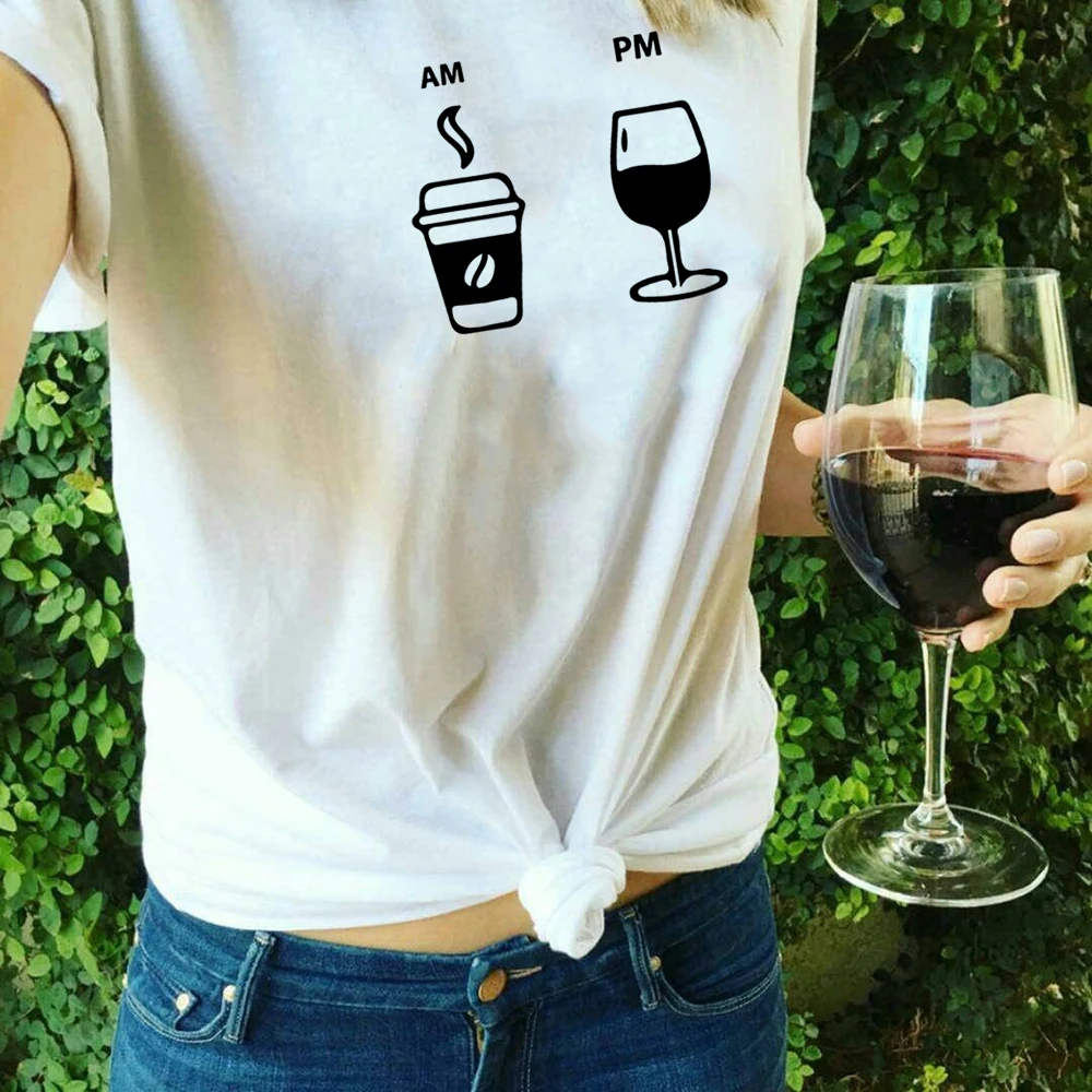 

AM Coffee PM Wine Print Summer Graphic Tees Women Casual Round Neck Harajuku Female Mom Life Tumblr Clothes Camisas Mujer Tops