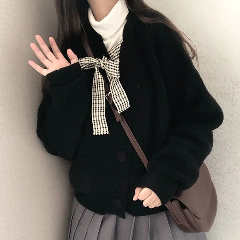 

Deeptown Kawaii Black Women Sweater Cardigan Vintage Korean Fashion Preppy Female Cute Tops Cropped Knitted Lolita Style Chic