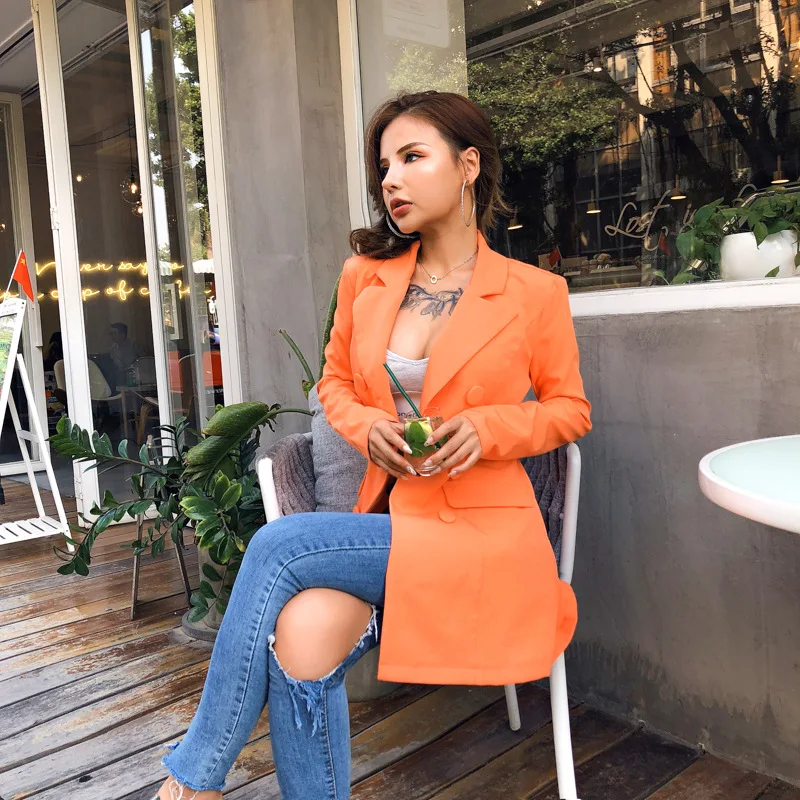 Orange Fahsion Commute Blazers Women Street Indie Mid Length Solid Colors Single Breasted Suit 2023 Spring Autumn New Y2k Blazer