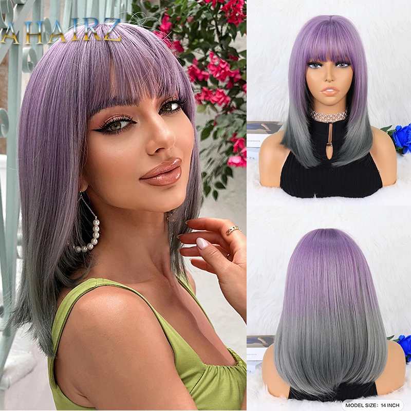 

Synthetic Short Wigs Straight Gradual Purplish Blue Natural Wigs with Bang for Women Daily Cosplay Heat Resistant Fake Hair