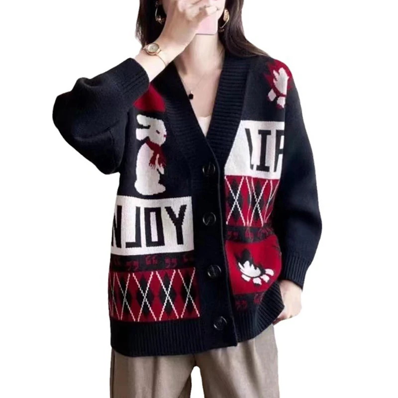 

Свитер с мультяшным принтом кролика, женские кардиганы, сезон осень-зима 2023, трикотажные топы с V-образным вырезом, Женский Повседневный свитер, пальто