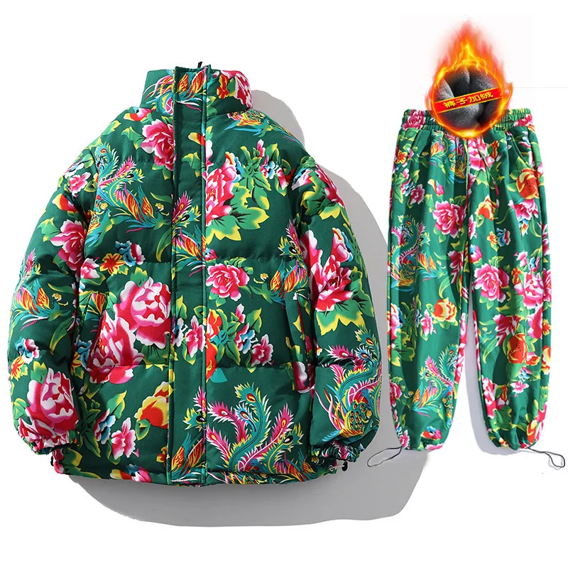 Men's Winter Cotton Padded Jacket Ethnic Style Cotton Jacket Inner Fleece Pants Chinese Style Northeast Blossom Cloth
