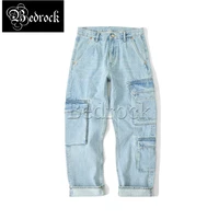 mbbcar 14oz one washed red line denim jeans for men multi pocket street style light blue loose straight vintage cargo pants 7355