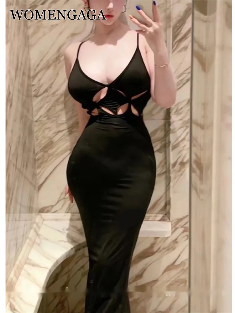 

Сексуальное облегающее длинное платье-майка с глубоким вырезом и вырезами, черные женские платья, летнее модное платье GZ4H