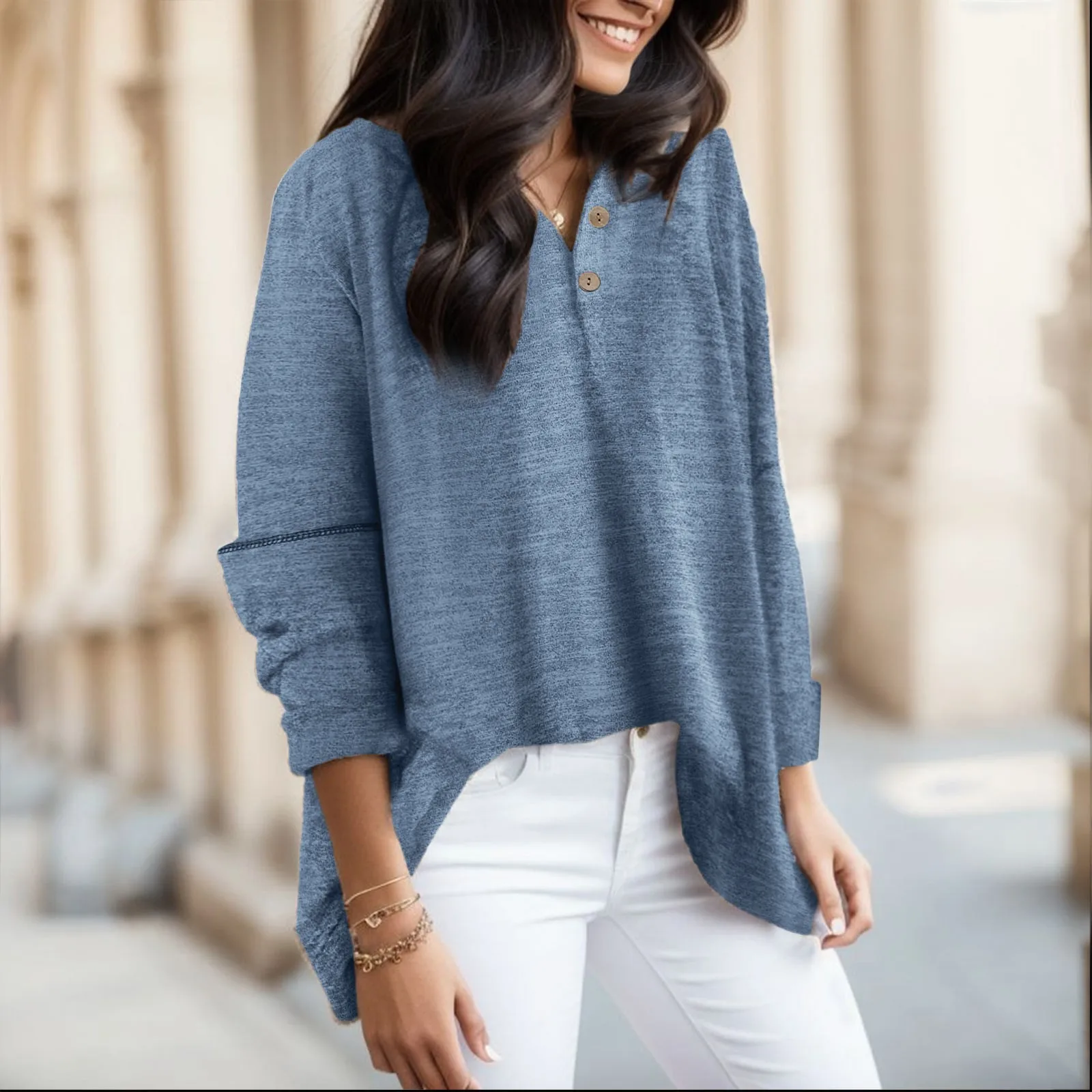 

Женский Повседневный пуловер, блузка на пуговицах, топы с V-образным вырезом и длинным рукавом, Женские однотонные модные простые рубашки оверсайз, блузы для женщин