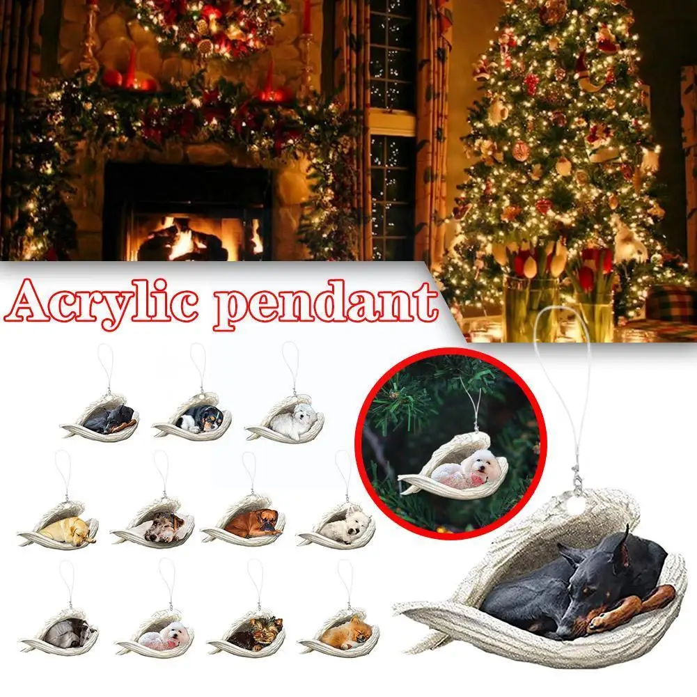 

Sleeping Angel Dog Ornament 2D Cute Acrylic Dog Pendant Healing Men's Children's Pendant Women's Christmas Ornament V6K9
