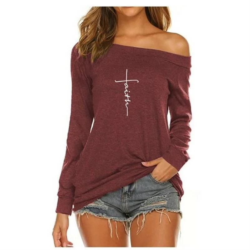 

2022 Summer High Quality T-Shirt For Women Top Faith long sleeve T-Shirt Female Women Harajuku Off The Shoulder Tops