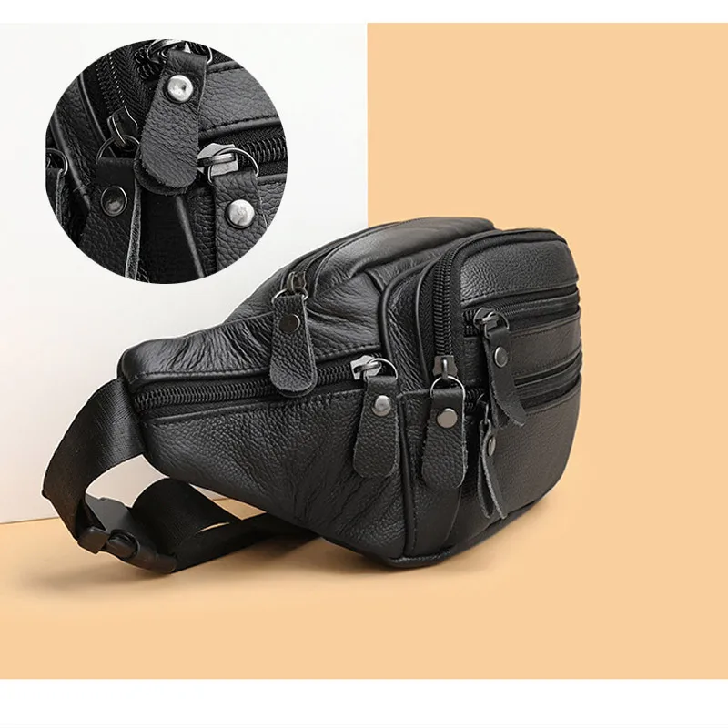 Real Genuine Leather Waist Bag for Men Cowhide Leather Fanny Bag for Phone Pouch Male Sling Shoulder Bag Unisex Belt Waist Packs