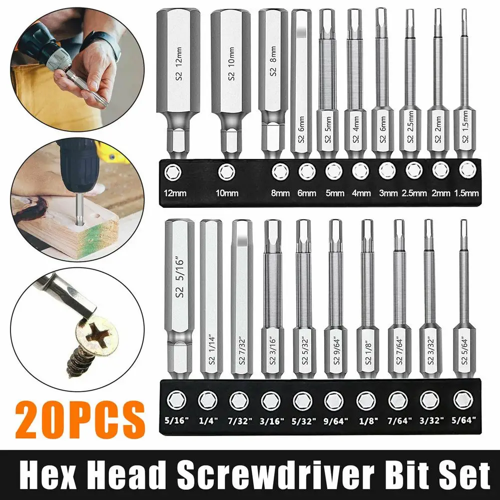 

20pcs 1/4" Magnetic Hex Head Allen Wrench Drill Bit Set S2 Steel Metric SAE Hex Bit Set Magnetic Tip Hex Key Screwdriver Set