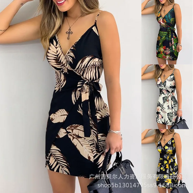 

High Waist Sleeveless Summer V Neck Leaf Print Mini Dress Women Floral Belt Sashes Spring Party Dress