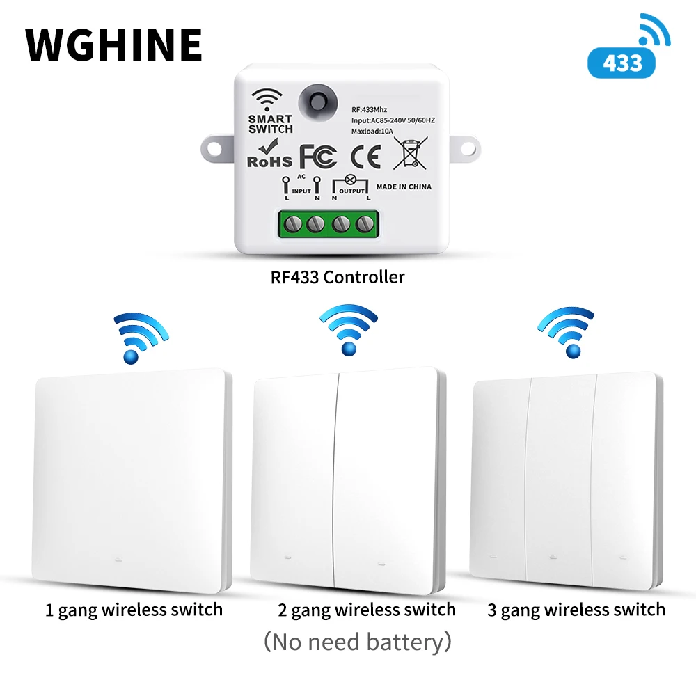 WGHINE восстанавливающийся Беспроводной Автономный переключатель RF 433 МГц дистанционное управление настенный кнопочный переключатель 220 В 1/2/3 комплект выключатель света