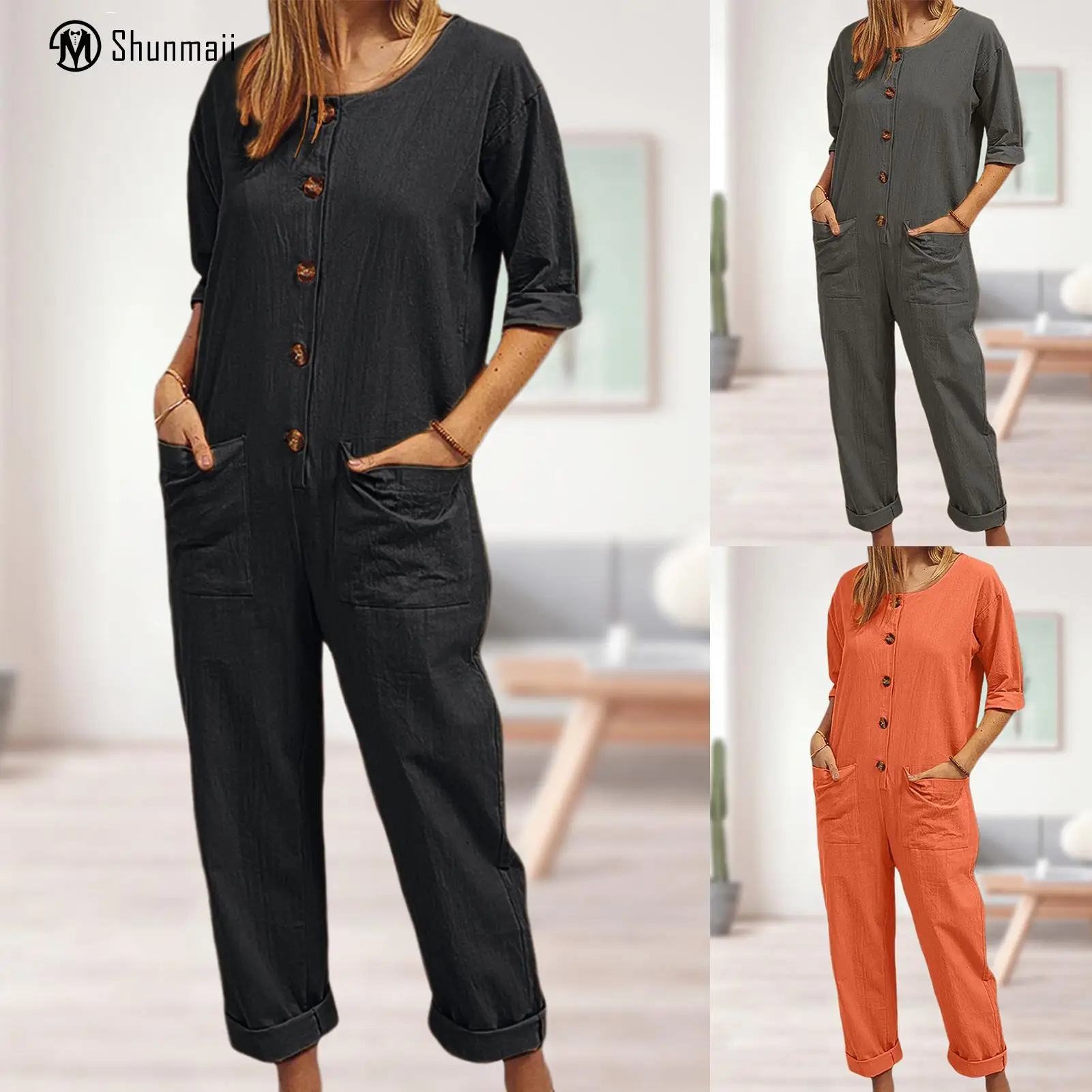 

Cotton Linen Cargo Pants Jumpsuits Crew Neck Ladies Classic Jumpsuits with Pockets Single Breasted Y2K Style Streetwear Suit