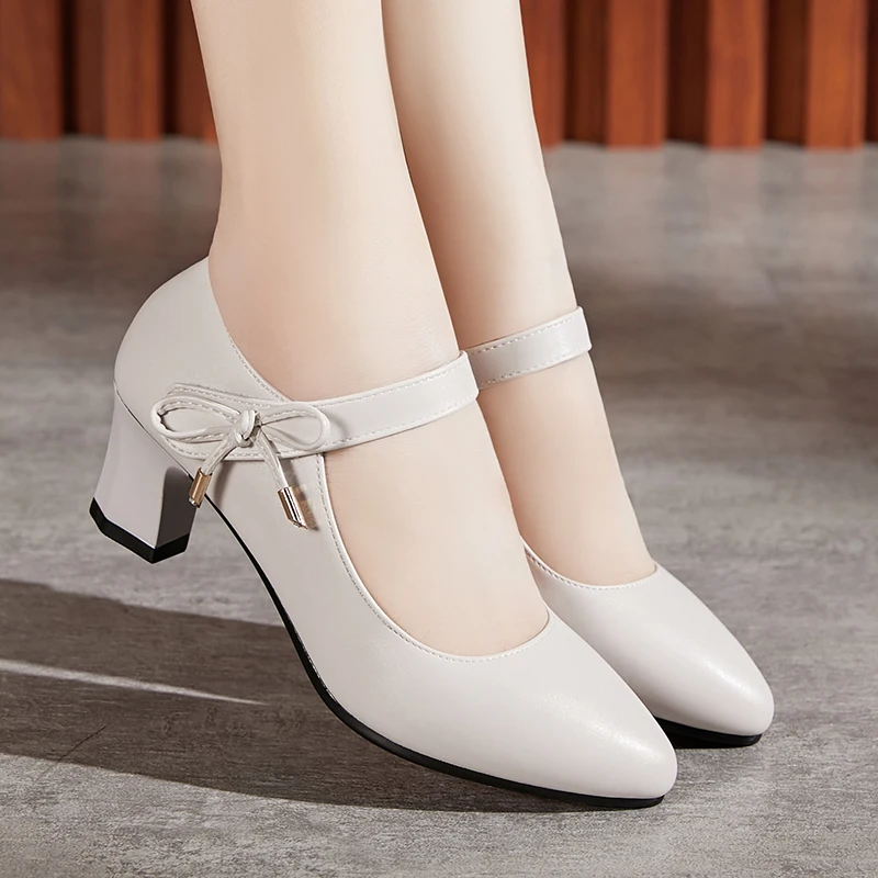 Plus Size Women Dress Shoes Med Heels Mary Janes Shoes Bow Pointed Toe Pumps Buckle Strap Grandma Shoes Ladies Office Shoes Fall