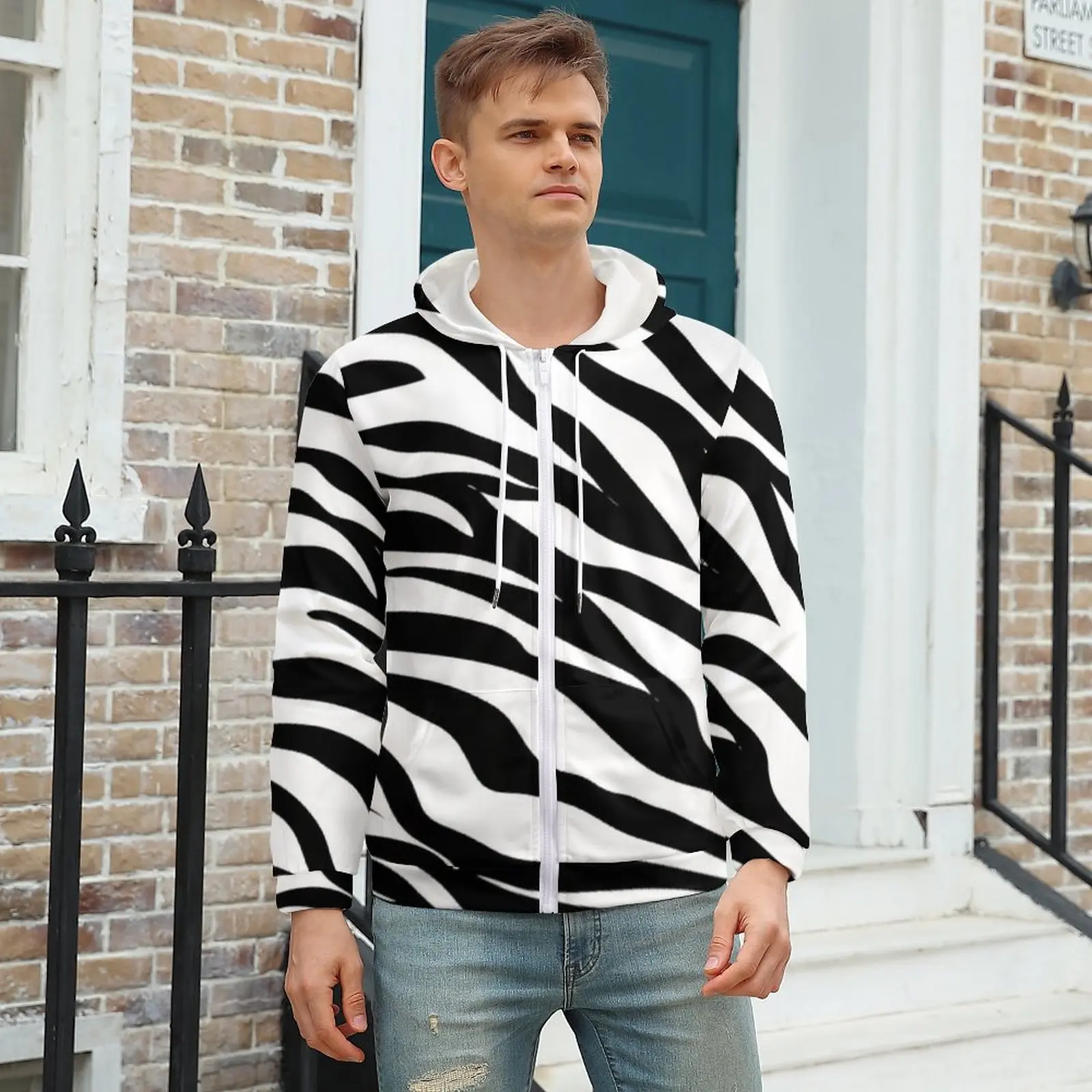

Zebra Design Hoodie Black And White Stripes Outdoor Mens Hoodies Mens Winter Zip Up Hoodie Plus Size XXXL