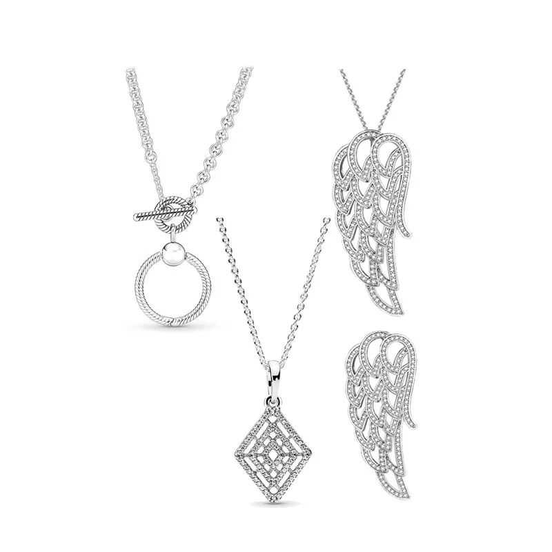 

925 Sterling Silver Necklace For Women Chain With PAN OT Bird Wings Circle Pendant Mother's Day Birthday Girl Gift Jewelry