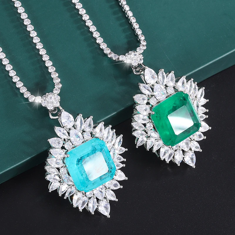 

EYIKA Brazilian Blue Green Paraiba Fusion Stone Flower Pendant Zircon Tennis Chain Necklace Luxury Women Wedding Fine Jewelry