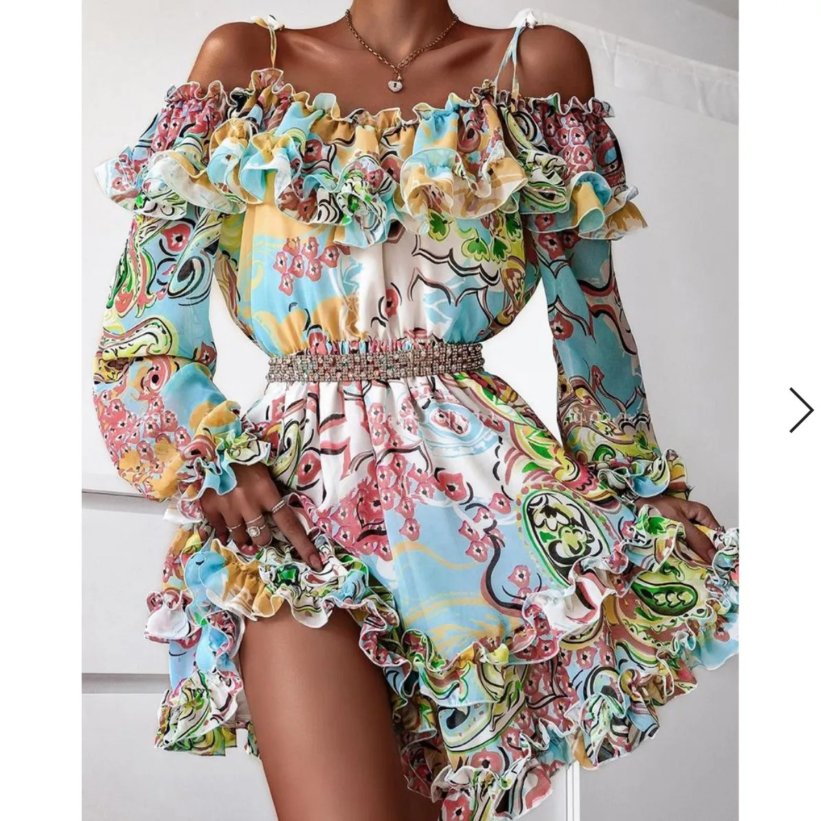 

Women's Dress Cold Shoulder Ruffles Hem Graphic Print Long Sleeve Flower Sundress Summer Off Shoulder Mini Dress Floral Print