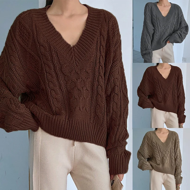 

Women's Fashion Solid Color Linen Pattern V-Neck Long Sleeve Pullover Knit Sweater One Size