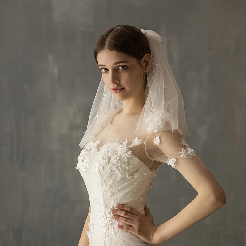 Фата свадебная двухслойная с расческой Тюлевая бантом и жемчужинами украшение