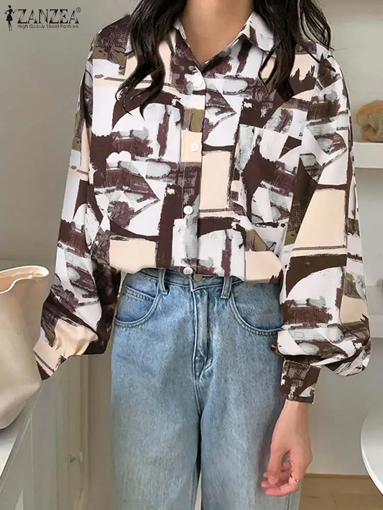 

ZANZEA Fashion Geometry Printed Shirts Women Lapel Collar Blouse Retro Long Sleeve Tops Tunics 2023 Spring Buttons Pocket Blusas