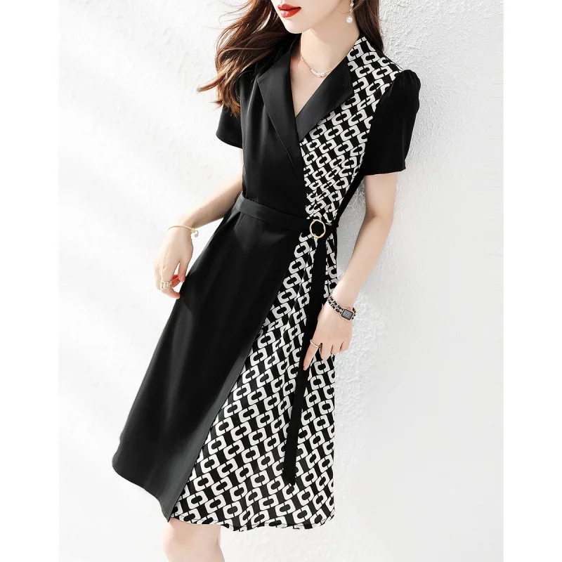 

French Vintage Patchwork Dress For Women 2022 New Suit Turn Collar Elegant Print Slim Vestidos De Mujer Office Lady Dresses