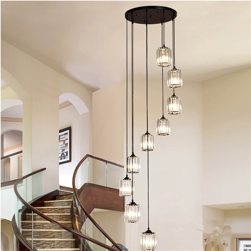 

Stair long chandelier duplex floor living room luster lamps modern minimalist villa attic spiral staircase crystal chandelier