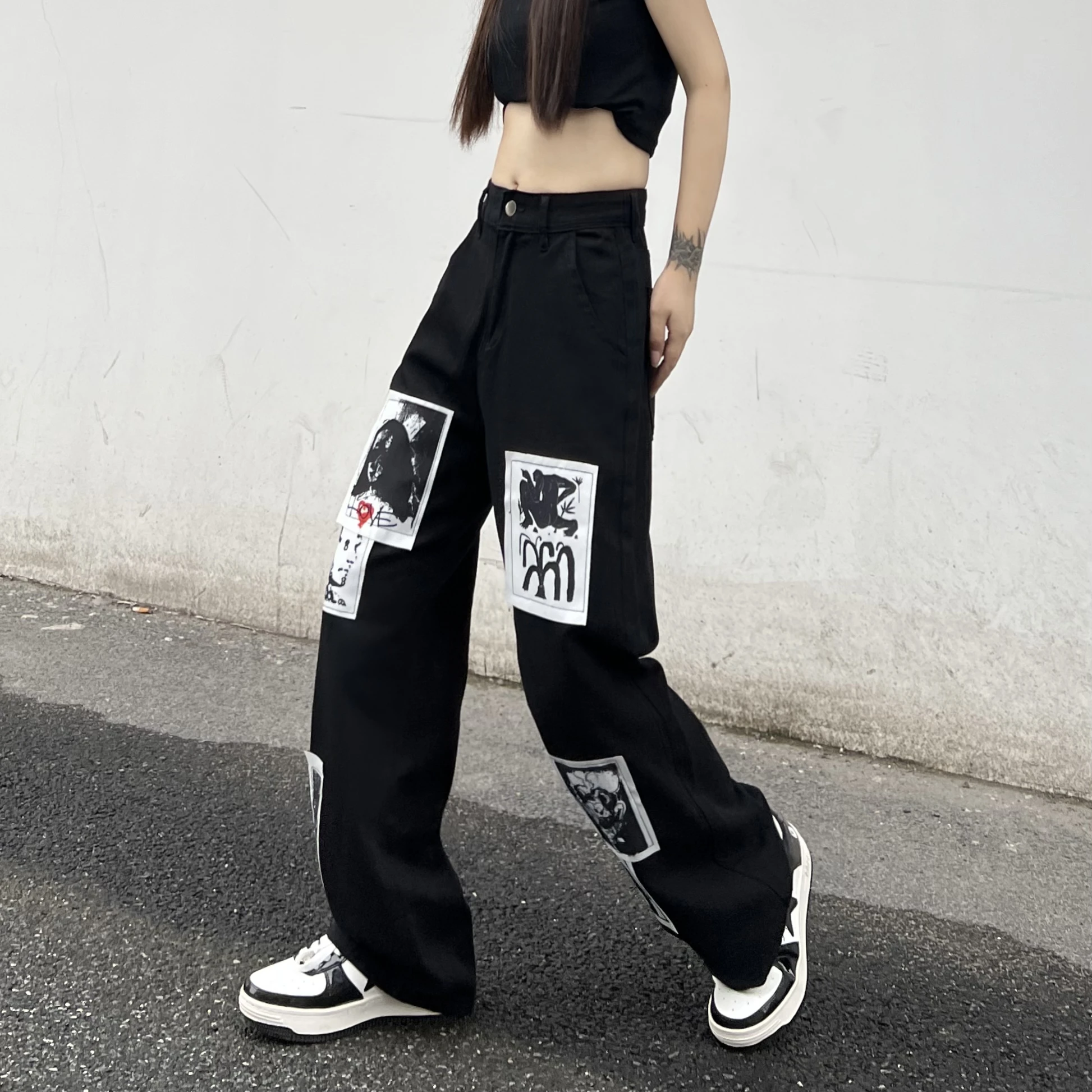 Graffiti American Style Print Women's Black Jeans Denim Pant trousers hip hop hippie clothes 2023 harajuku streetwear y2k summer