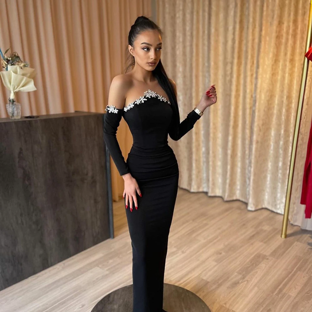 Купи UZN Chic Black Mermaid Spandex Prom Dress Strapless Off The Shoulder Long Sleeves Evening Dress Robe de bal Sexy Appliques Dubai за 5,039 рублей в магазине AliExpress