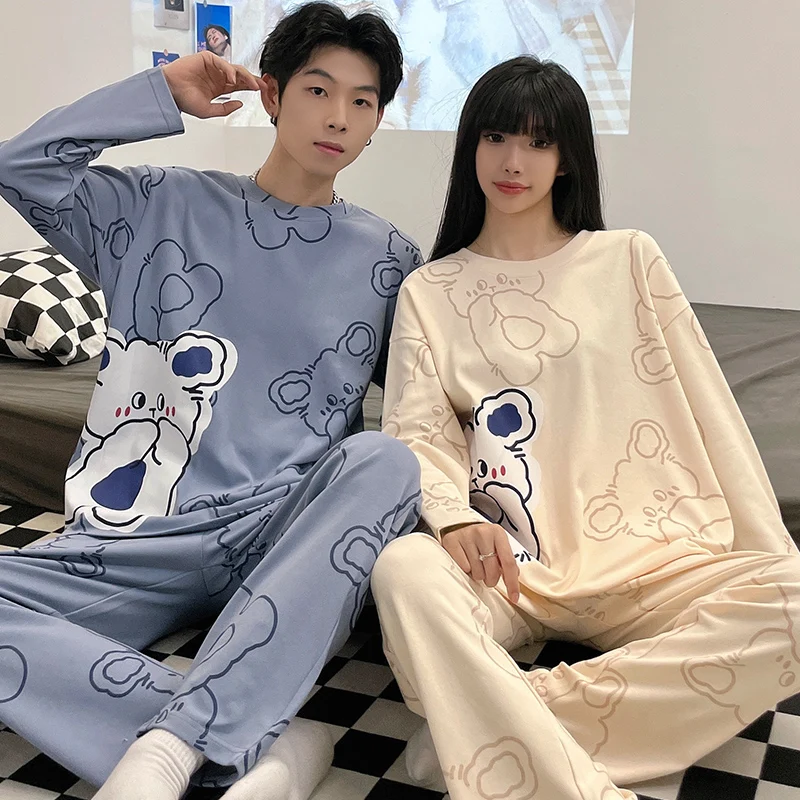 CAIYIER 2022 Cartoon Print Couple Sleepwear Suit Cotton O-Neck Leisure Women & Men Nightwear Cute Lovers Soft Winter Loungewear