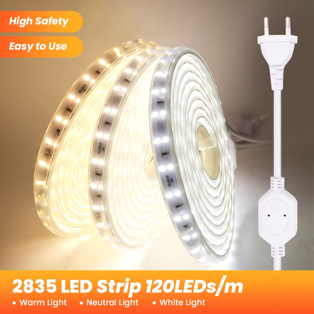 LED Strip 2835 20cm Cut 220V Double Row 120LED/m Flexible Light Ribbon With Power Plug EU UK Waterproof Backlight Decor For Home |