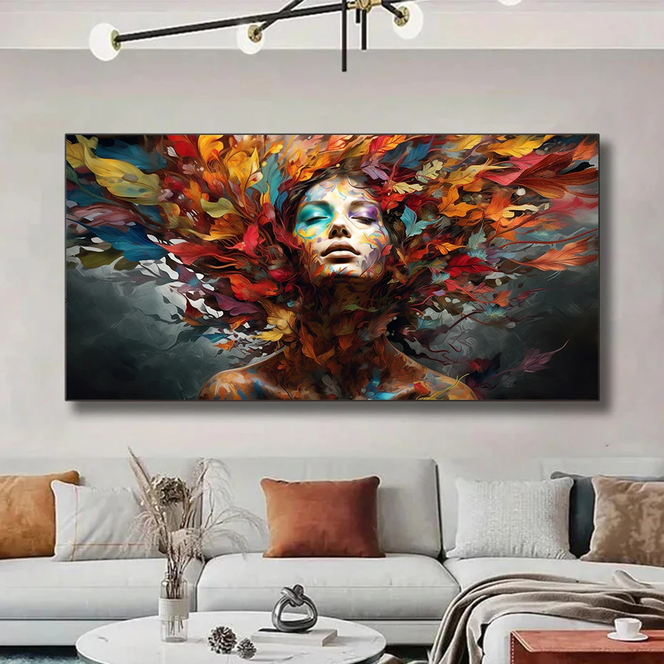 Красочные листья женский плакат большого размера настенное искусство холст