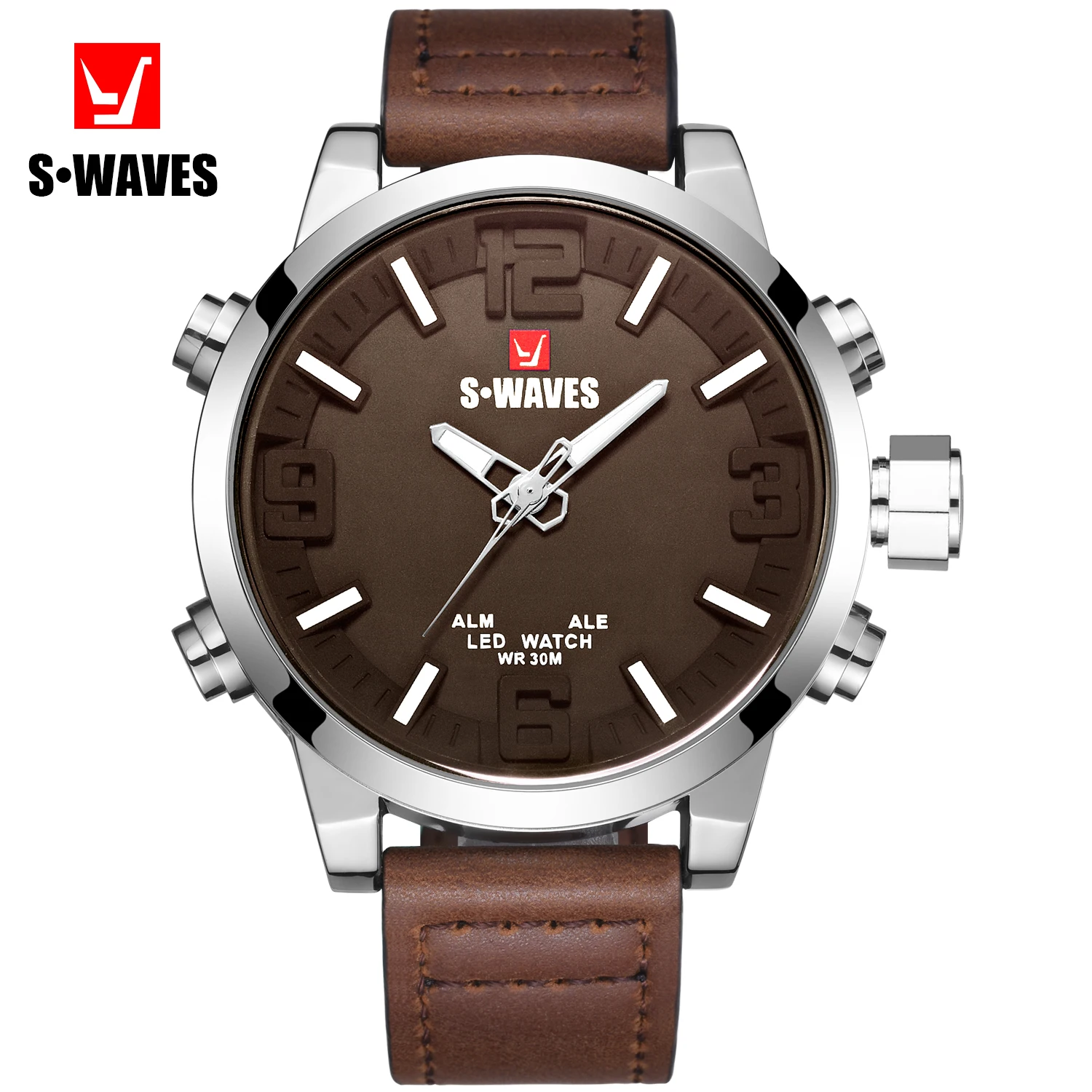 

SWAVES Brand Sport Watches Casual Business Leather Watch Dual Display Chronograph Clock Digital Stop Watch Men's Wristwatch