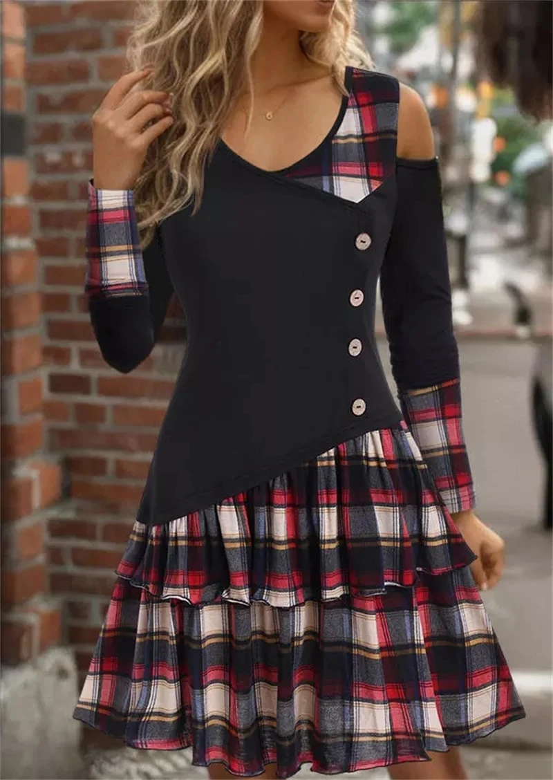 

Plaid Button Ruffled Cold Shoulder Mini Dress Black Korean Style Women Vintage Uniform Ruffle Long Sleeve Tunic Princess Dresses