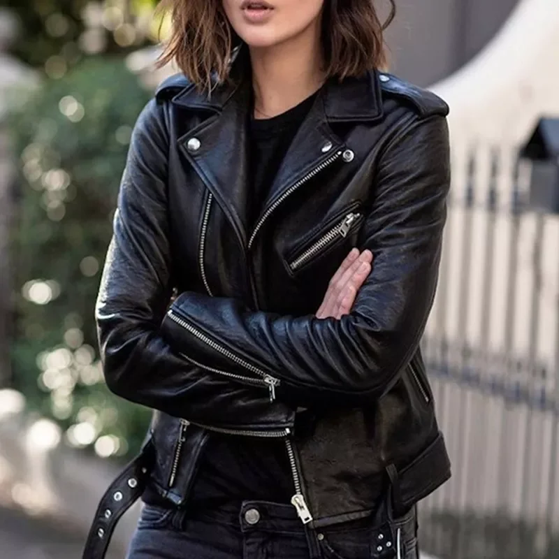 

Free shipping Rivet Locomotive Faux Leather Women High Quality Pu Autumn Fake Leather Jacket Women's Fashion Zipper Black Sh
