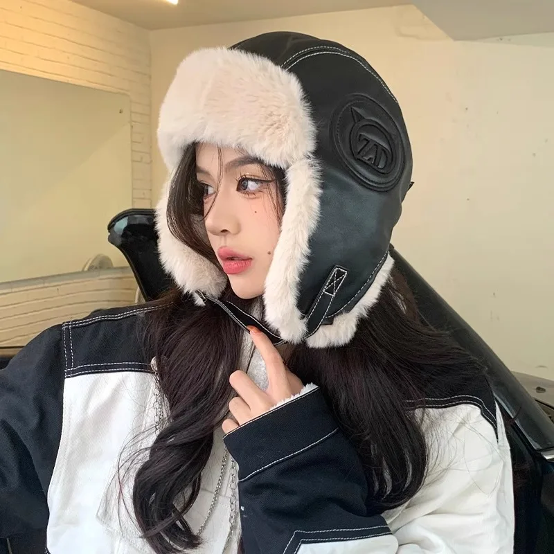 Ушанка женская осенне-зимняя утолщенная теплая кожаная плюшевая шапка Tide для