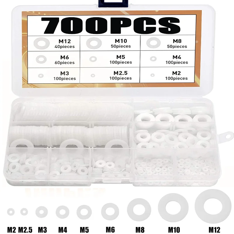 

700 Pcs White Nylon Flat Washers Nylon Gasket Round Spacer Washers Seals Assortment Set for Mechanical M2-M12