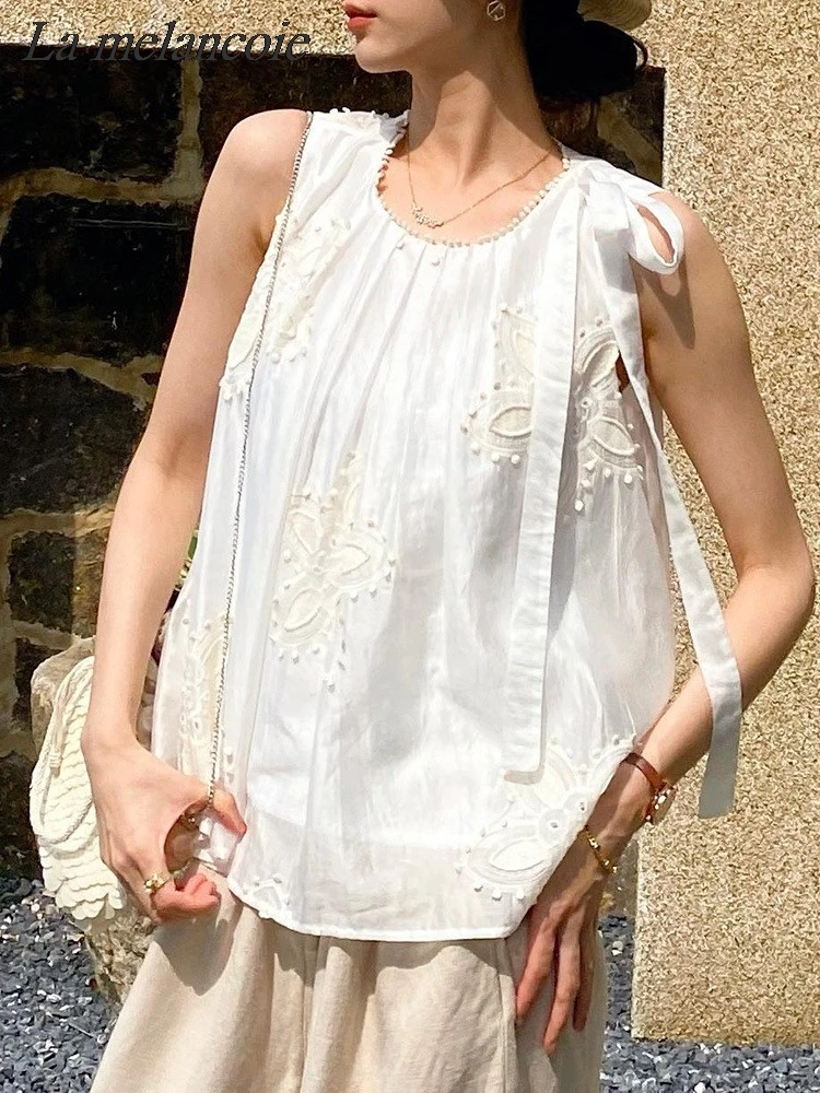 Блузка женская с цветочной вышивкой элегантный Шикарный белый топ без рукавов
