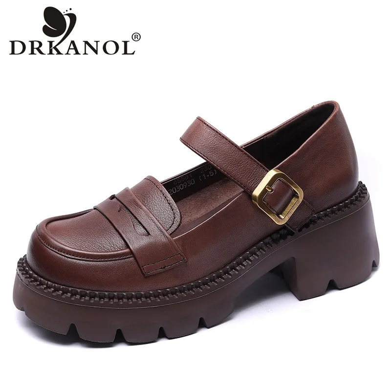 

DRKANOL High Quality Women Platform Shoes Retro Handmade Pumps Ladies Round Toe Genuine Leather Thick High Heel Casual Shoes
