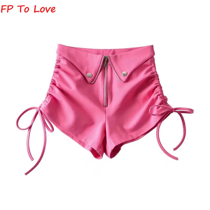 

OOTD Shirring Shorts Zipper Hot Pink Sexy Sashes Streetwear American Retro White Brown Black Basic Bottom